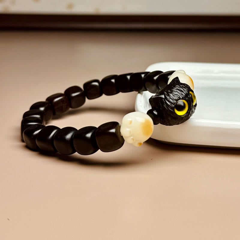 Nimara Ritual Ebony Wood Cute Cat Bodhi Seed Paw Claw Peace Bracelet