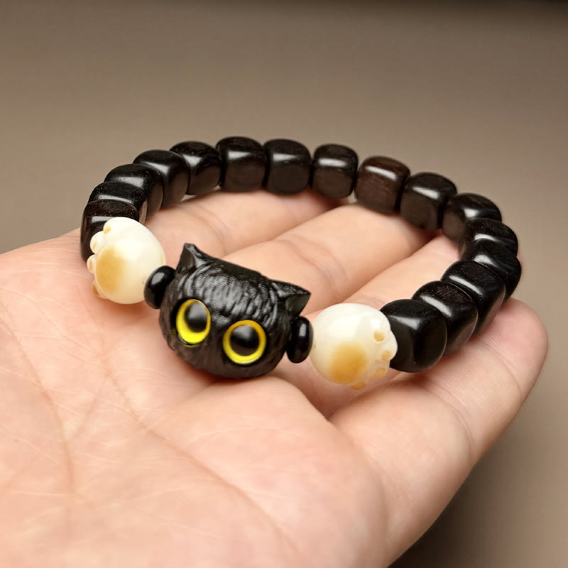 Nimara Ritual Ebony Wood Cute Cat Bodhi Seed Paw Claw Peace Bracelet