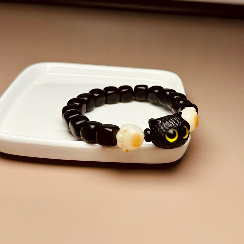 Nimara Ritual Ebony Wood Cute Cat Bodhi Seed Paw Claw Peace Bracelet