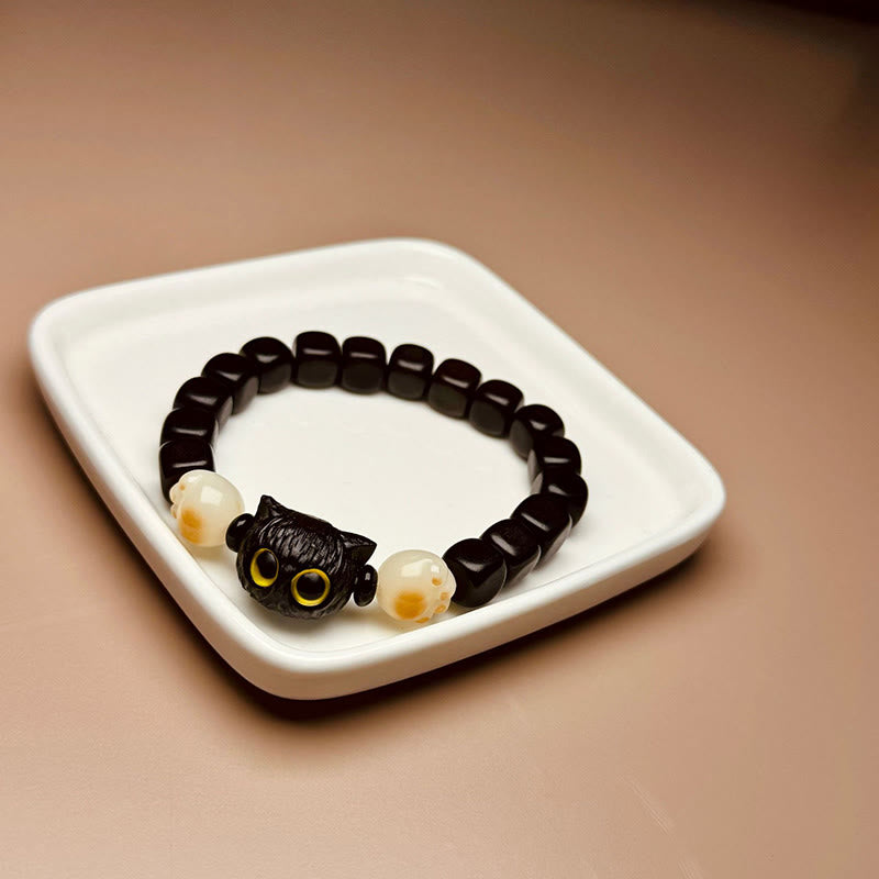 Nimara Ritual Ebony Wood Cute Cat Bodhi Seed Paw Claw Peace Bracelet