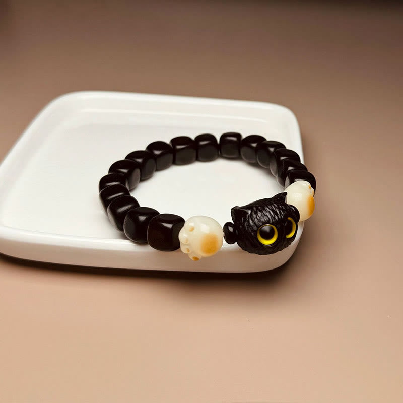 Nimara Ritual Ebony Wood Cute Cat Bodhi Seed Paw Claw Peace Bracelet