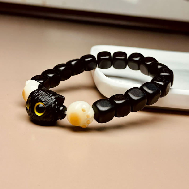 Nimara Ritual Ebony Wood Cute Cat Bodhi Seed Paw Claw Peace Bracelet