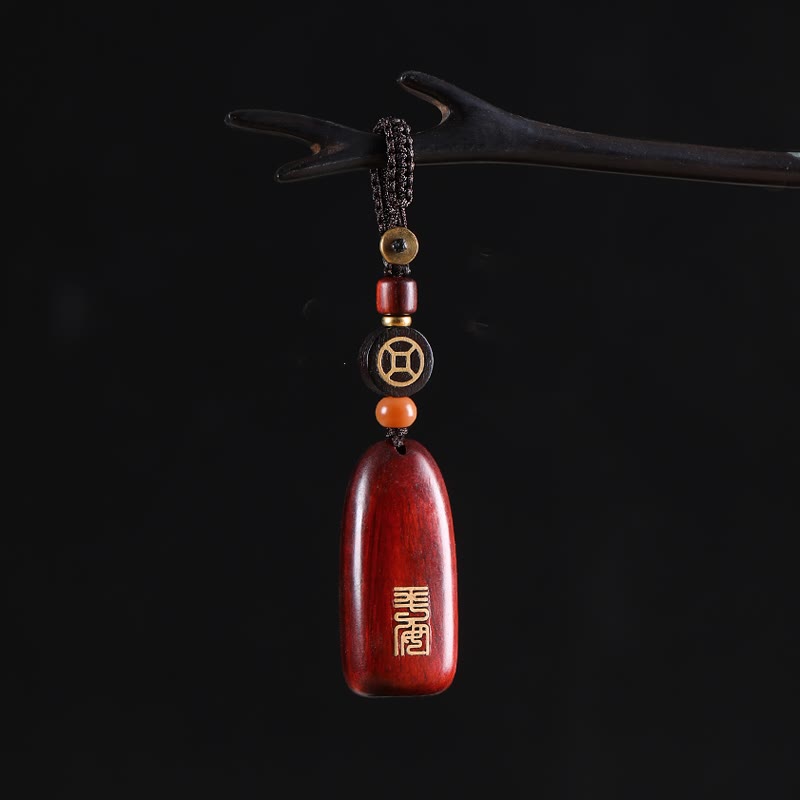 Nimara Ritual Small Leaf Red Sandalwood Ebony Wood Peace Auspicious Copper Coin Protection Key Chain