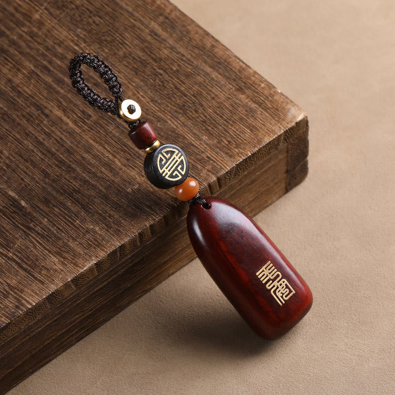 Nimara Ritual Small Leaf Red Sandalwood Ebony Wood Peace Auspicious Copper Coin Protection Key Chain