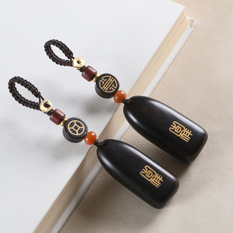 Nimara Ritual Small Leaf Red Sandalwood Ebony Wood Peace Auspicious Copper Coin Protection Key Chain