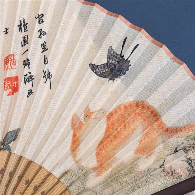 Nimara Ritual Butterfly Orchid Cat Handheld Cotton Linen Bamboo Folding Fan 22cm