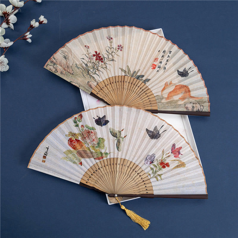 Nimara Ritual Butterfly Orchid Cat Handheld Cotton Linen Bamboo Folding Fan 22cm