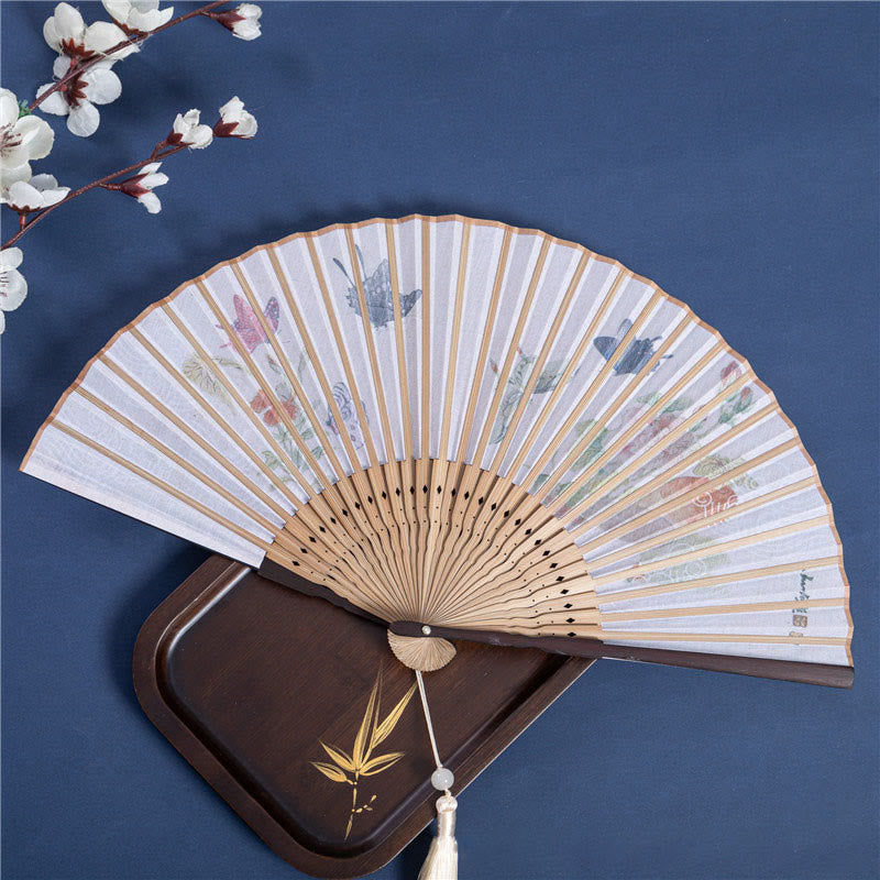 Nimara Ritual Butterfly Orchid Cat Handheld Cotton Linen Bamboo Folding Fan 22cm