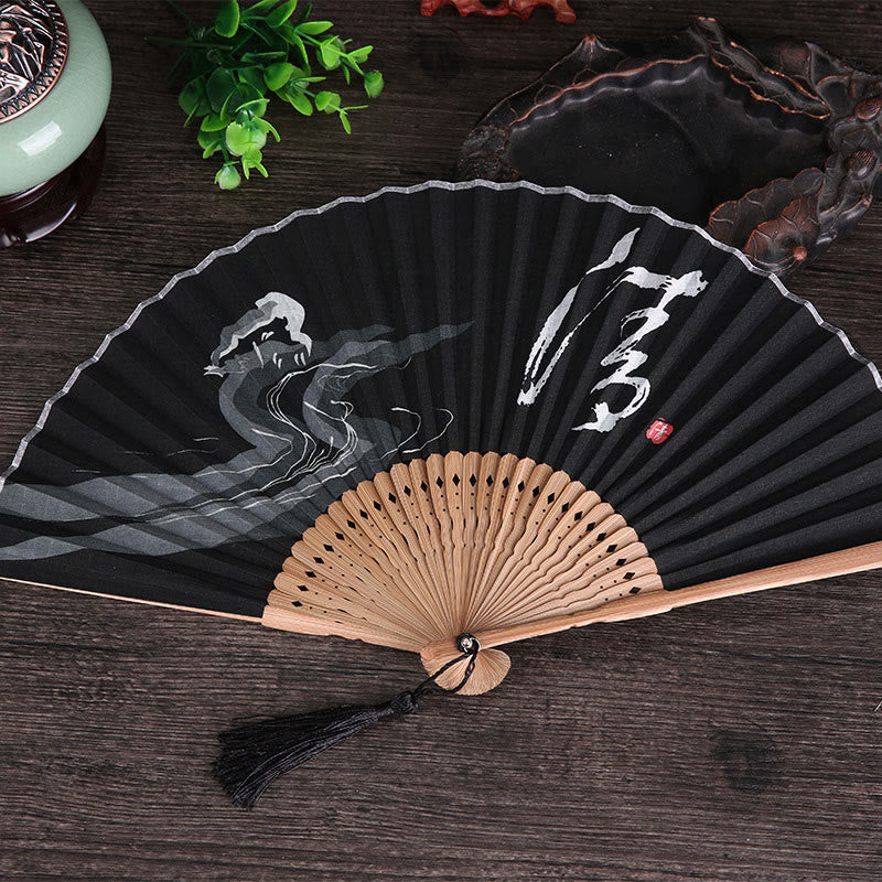 Nimara Ritual Chinese Characters Golden Dragonfly Handheld Cotton Linen Bamboo Folding Fan 22cm
