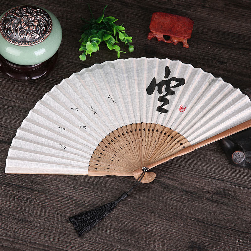 Nimara Ritual Chinese Characters Golden Dragonfly Handheld Cotton Linen Bamboo Folding Fan 22cm