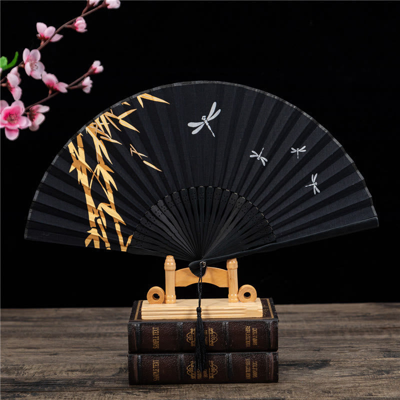 Nimara Ritual Chinese Characters Golden Dragonfly Handheld Cotton Linen Bamboo Folding Fan 22cm