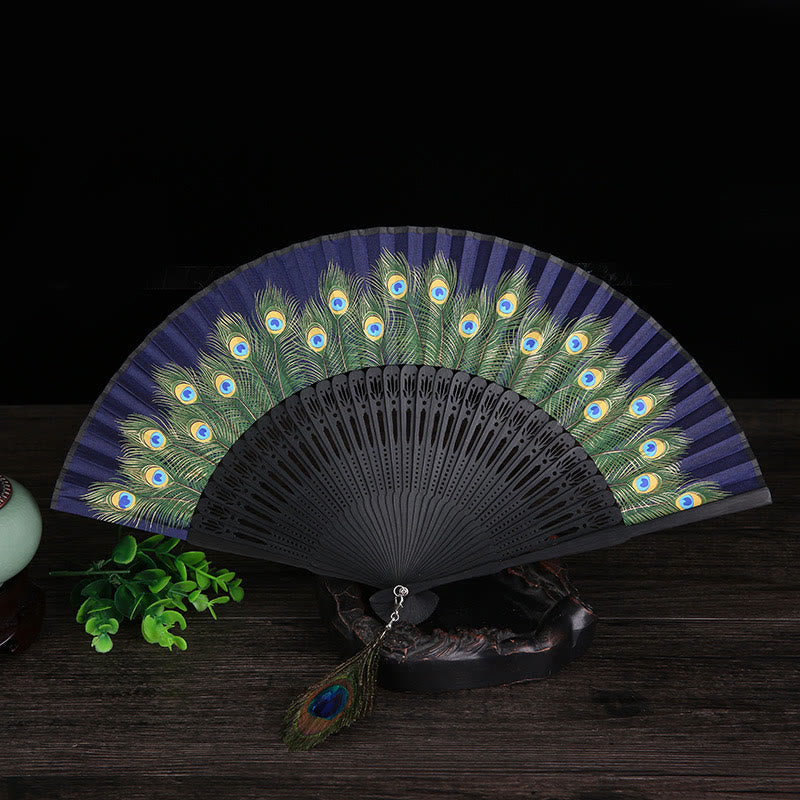 Nimara Ritual Peacock Feather Handheld Bamboo Folding Fan 21.5cm