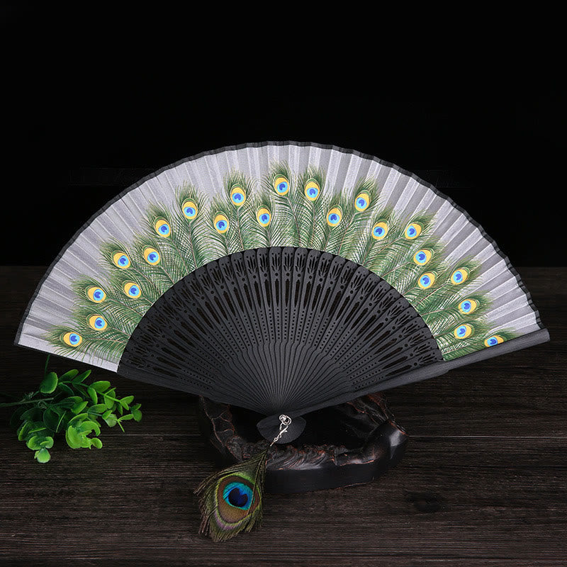 Nimara Ritual Peacock Feather Handheld Bamboo Folding Fan 21.5cm