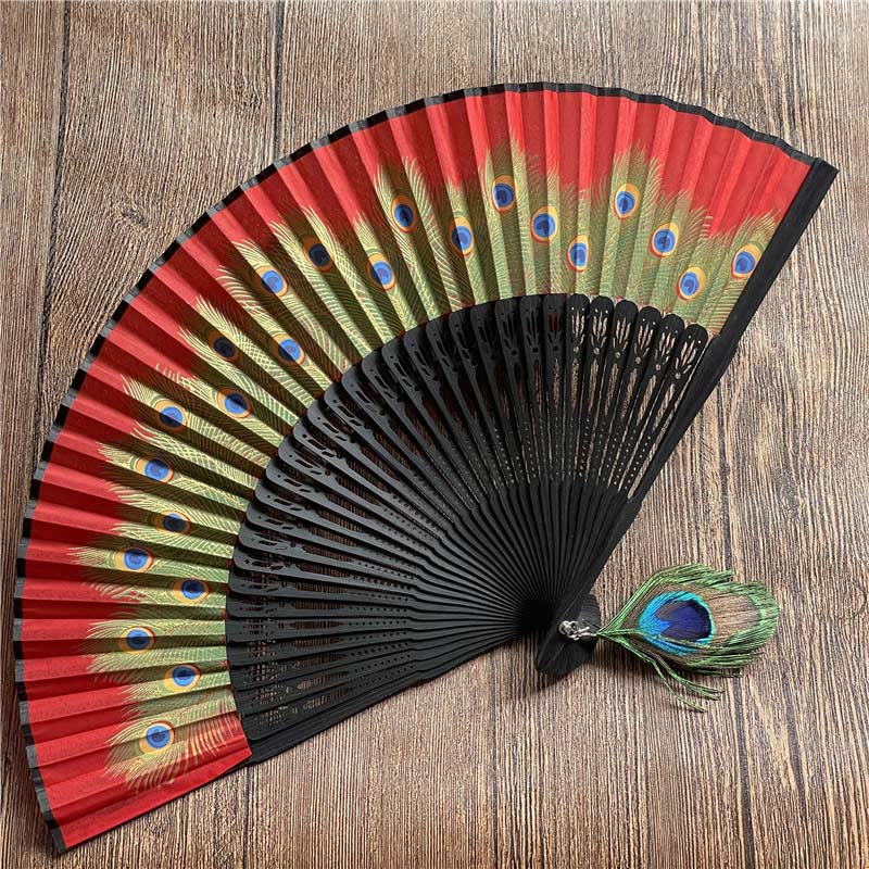 Nimara Ritual Peacock Feather Handheld Bamboo Folding Fan 21.5cm