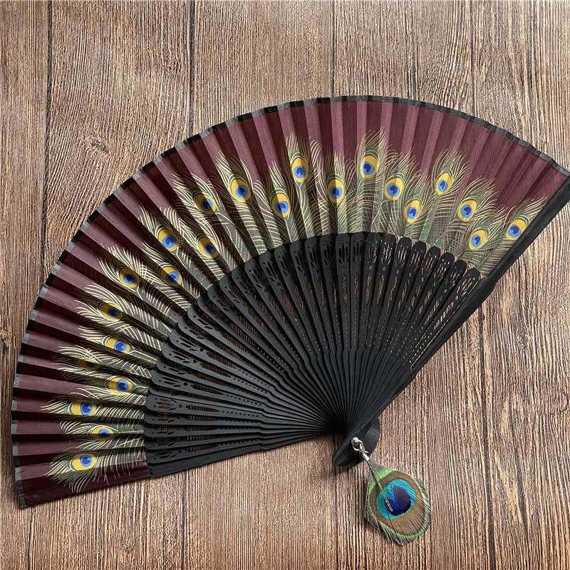 Nimara Ritual Peacock Feather Handheld Bamboo Folding Fan 21.5cm