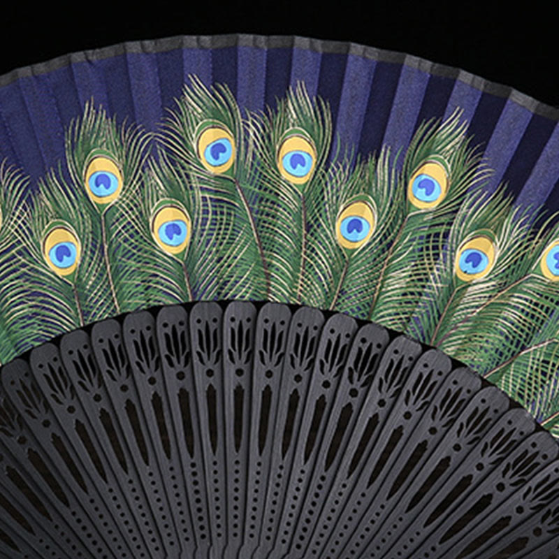 Nimara Ritual Peacock Feather Handheld Bamboo Folding Fan 21.5cm