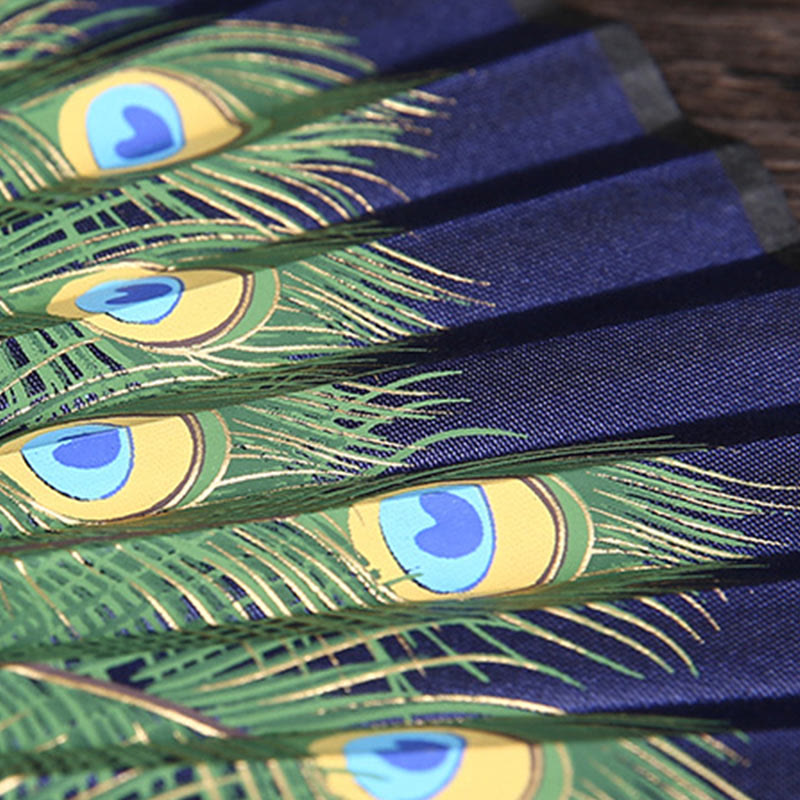 Nimara Ritual Peacock Feather Handheld Bamboo Folding Fan 21.5cm