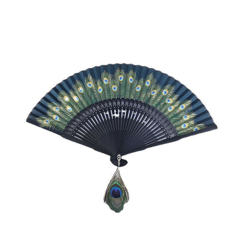 Nimara Ritual Peacock Feather Handheld Bamboo Folding Fan 21.5cm