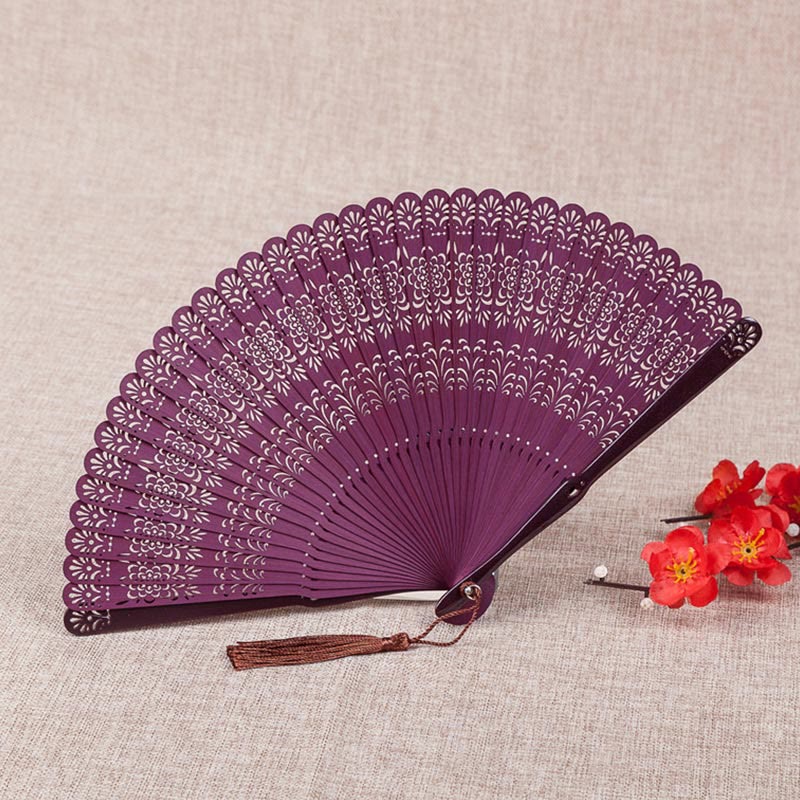 Nimara Ritual Flower Engraved Hollow Handheld Bamboo Folding Fan 18cm