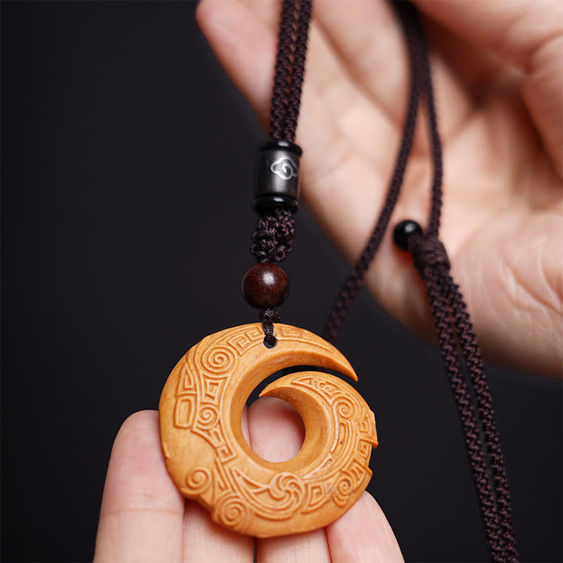 Nimara Ritual Ebony Wood Sandalwood One's Luck Improves Design Pattern Peace Necklace Pendant
