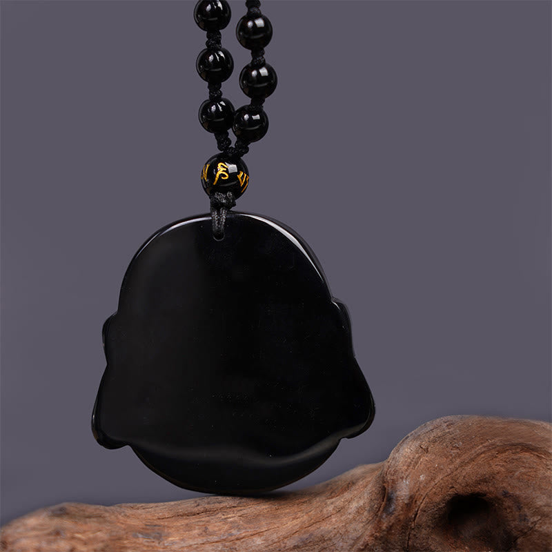 Nimara Ritual Natural Black Obsidian Laughing Buddha Purification Necklace Pendant