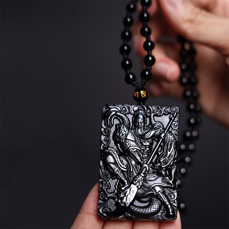 Nimara Ritual Black Obsidian Guan Gong Amulet Engraved Strength Necklace Pendant