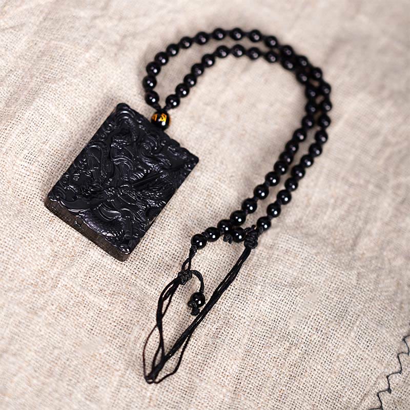 Nimara Ritual Black Obsidian Guan Gong Amulet Engraved Strength Necklace Pendant