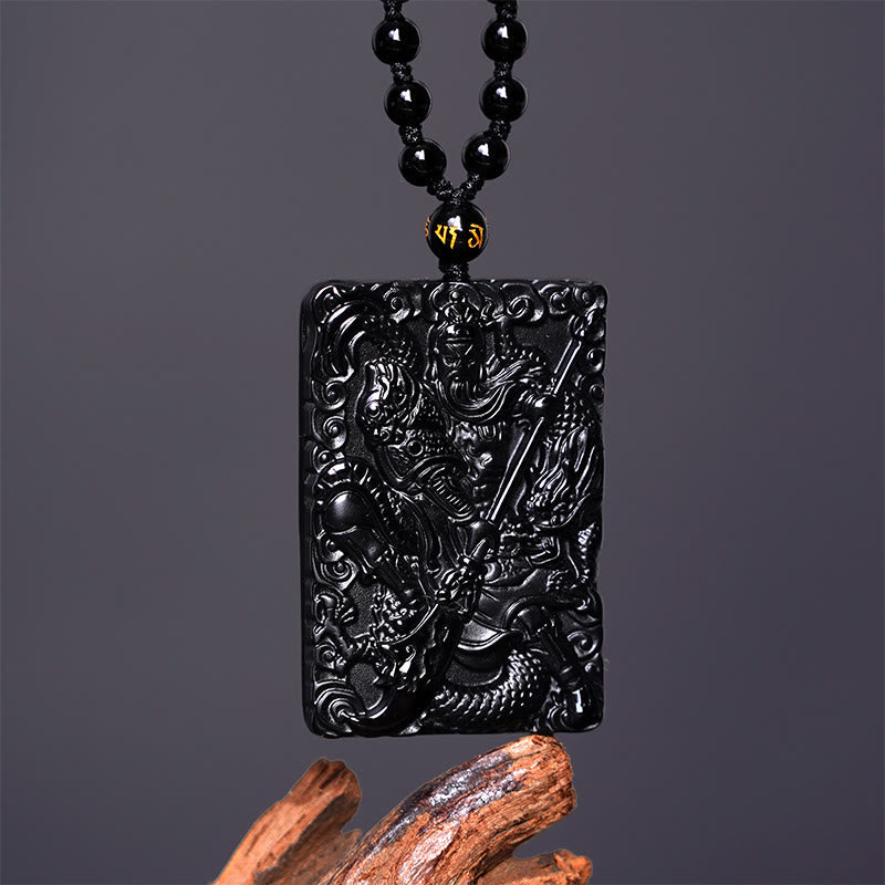 Nimara Ritual Black Obsidian Guan Gong Amulet Engraved Strength Necklace Pendant