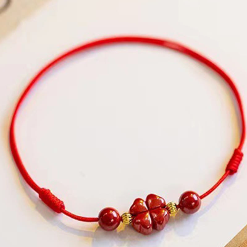 Nimara Ritual Cinnabar Four Leaf Clover Blessing String Rope Anklet