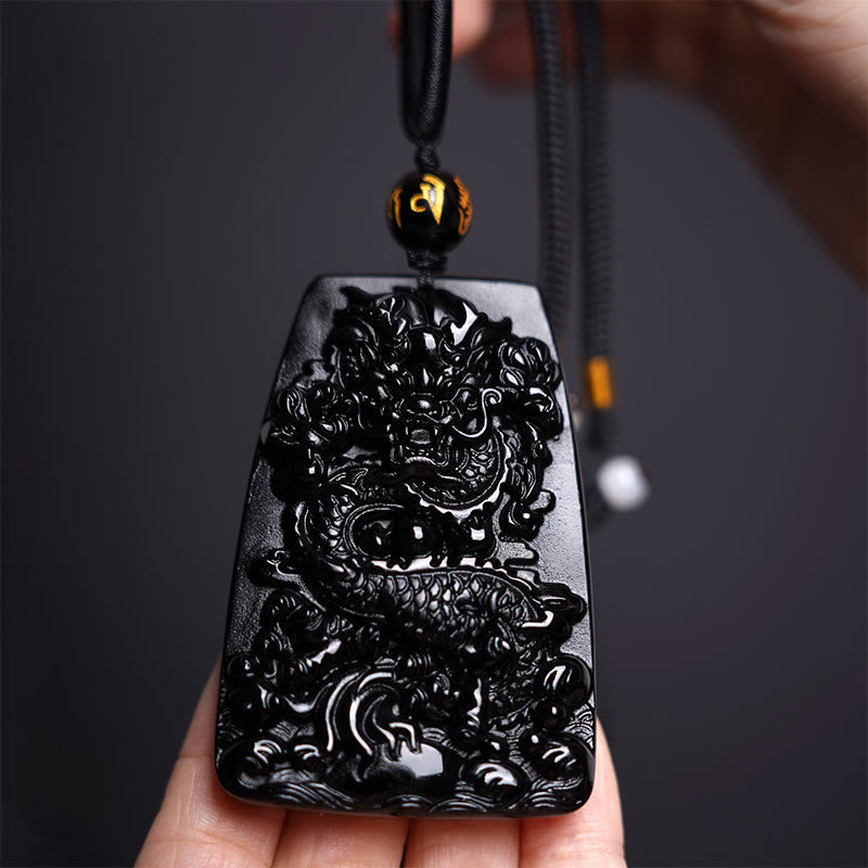 Nimara Ritual Black Obsidian Dragon Carved Luck Protection Necklace Pendant