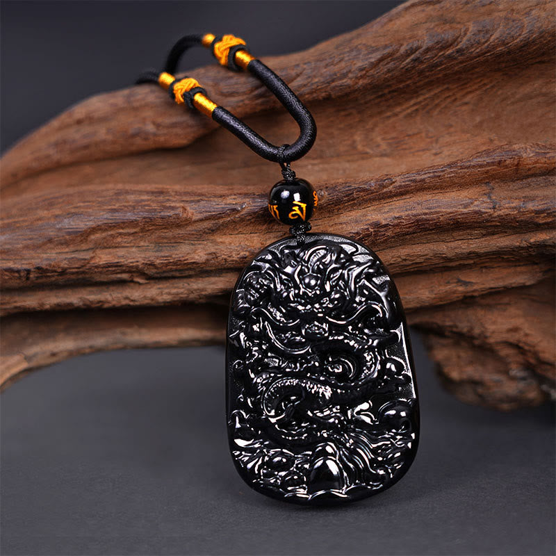 Nimara Ritual Black Obsidian Dragon Carved Luck Protection Necklace Pendant