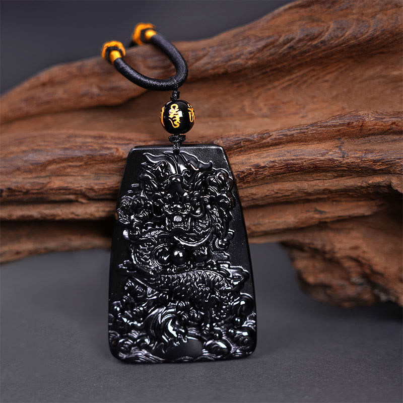 Nimara Ritual Black Obsidian Dragon Carved Luck Protection Necklace Pendant