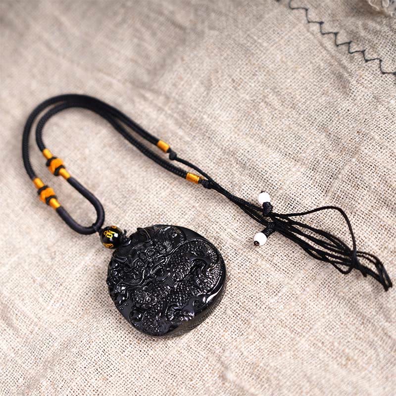 Nimara Ritual Natural Black Obsidian Round Dragon Carved Protection Necklace Pendant