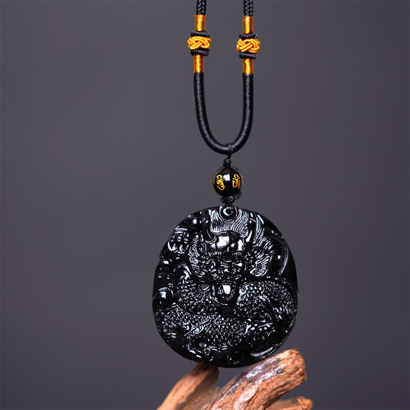 Nimara Ritual Natural Black Obsidian Round Dragon Carved Protection Necklace Pendant