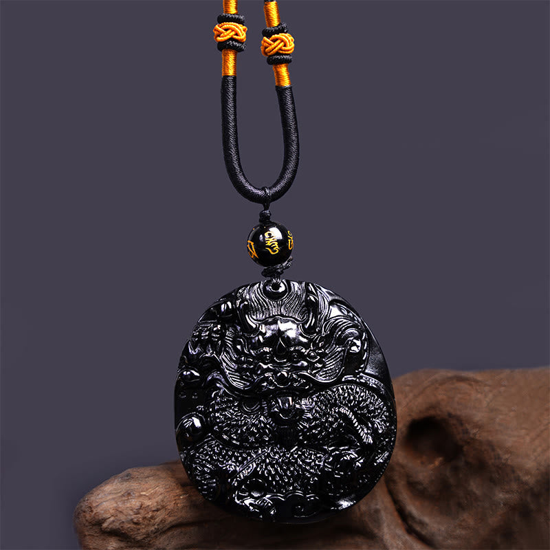 Nimara Ritual Natural Black Obsidian Round Dragon Carved Protection Necklace Pendant