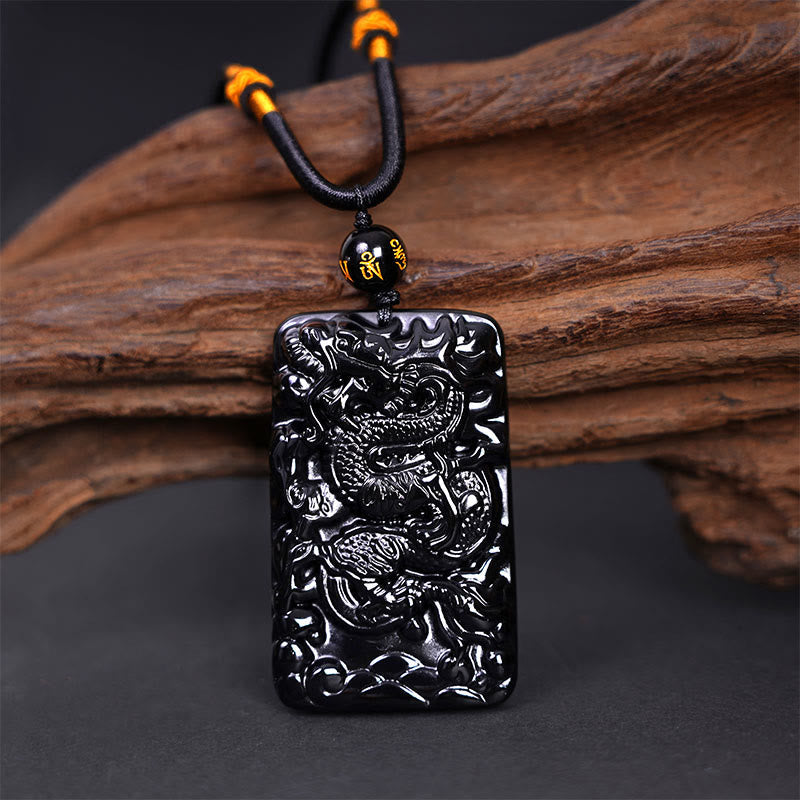 Nimara Ritual Natural Black Obsidian Rectangular Dragon Engraved Success Necklace Pendant