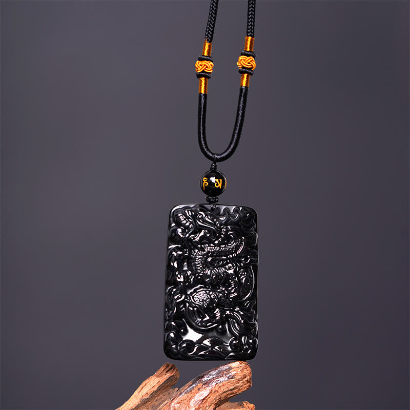 Nimara Ritual Natural Black Obsidian Rectangular Dragon Engraved Success Necklace Pendant
