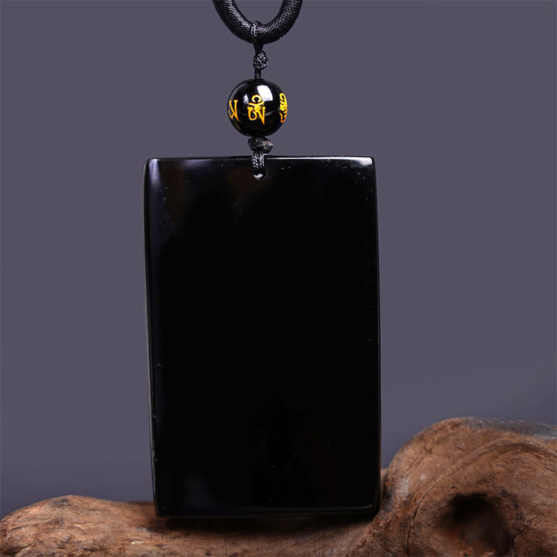 Nimara Ritual Natural Black Obsidian Rectangular Dragon Engraved Success Necklace Pendant