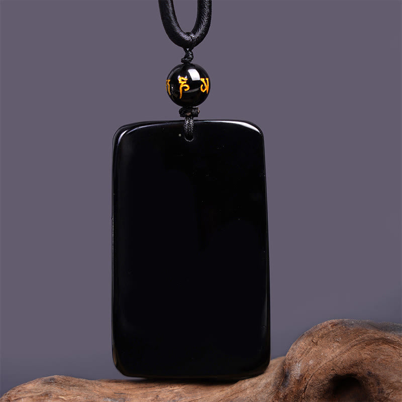 Nimara Ritual Natural Black Obsidian Rectangular Dragon Engraved Success Necklace Pendant