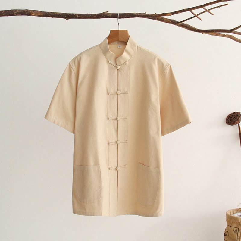 Nimara Ritual Chinese Frog-Button Tang Suit Men's Short Sleeve Cotton Shirt With Pockets
