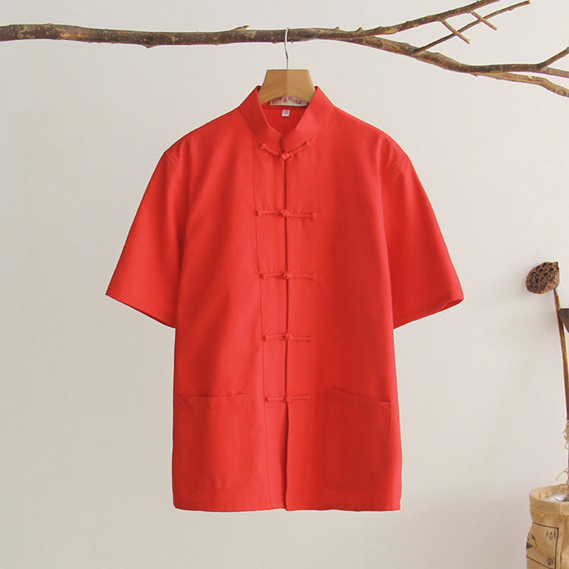 Nimara Ritual Chinese Frog-Button Tang Suit Men's Short Sleeve Cotton Shirt With Pockets
