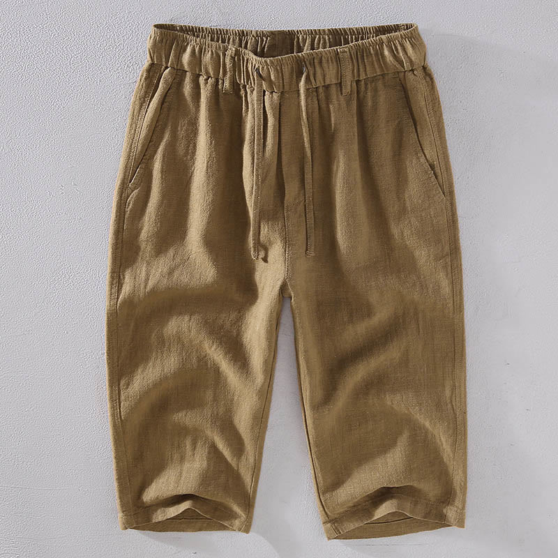Nimara Ritual Men's Solid Color Ramie Linen Drawstring Cropped Pants With Pockets