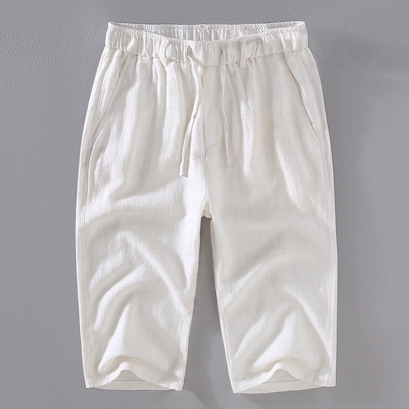 Nimara Ritual Men's Solid Color Ramie Linen Drawstring Cropped Pants With Pockets