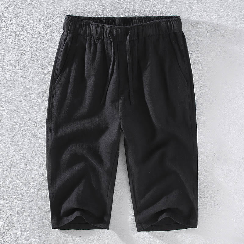 Nimara Ritual Men's Solid Color Ramie Linen Drawstring Cropped Pants With Pockets