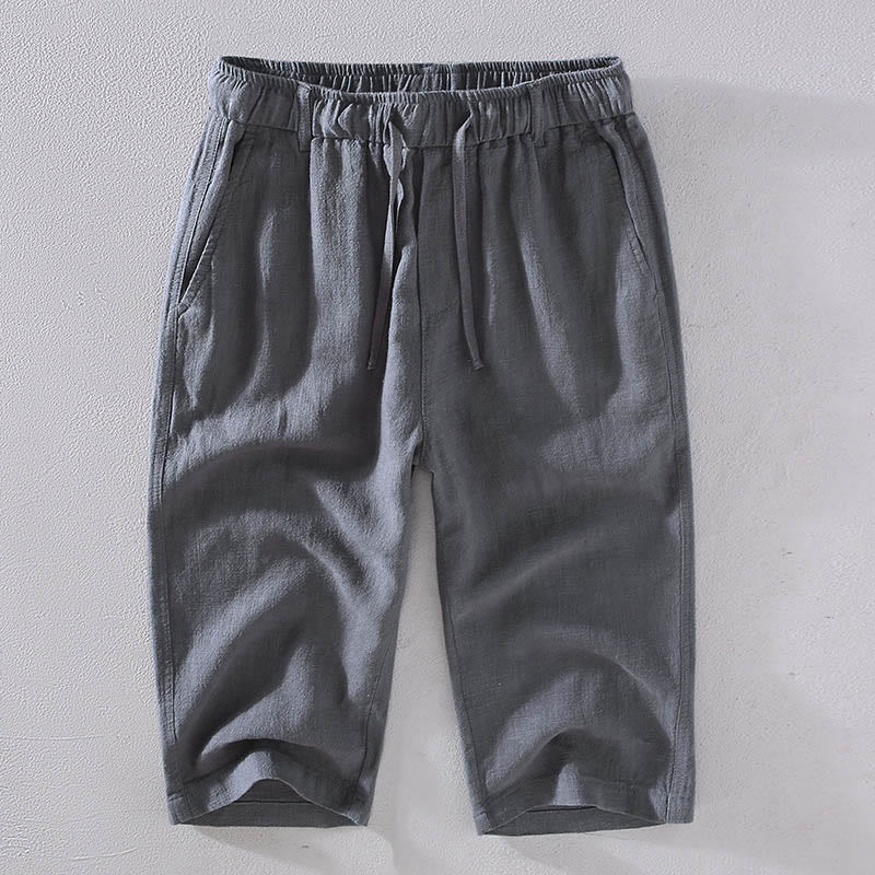 Nimara Ritual Men's Solid Color Ramie Linen Drawstring Cropped Pants With Pockets