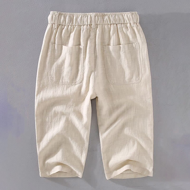 Nimara Ritual Men's Solid Color Ramie Linen Drawstring Cropped Pants With Pockets