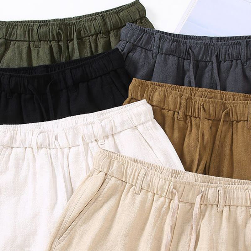 Nimara Ritual Men's Solid Color Ramie Linen Drawstring Cropped Pants With Pockets