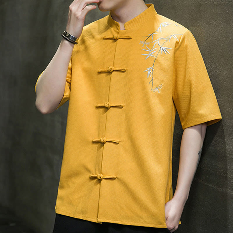 Nimara Ritual Frog-Button Leaf Dragonfly Embroidery Men's Short Sleeve Shirt