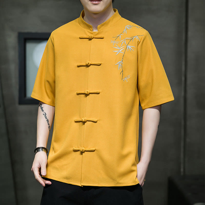 Nimara Ritual Frog-Button Leaf Dragonfly Embroidery Men's Short Sleeve Shirt