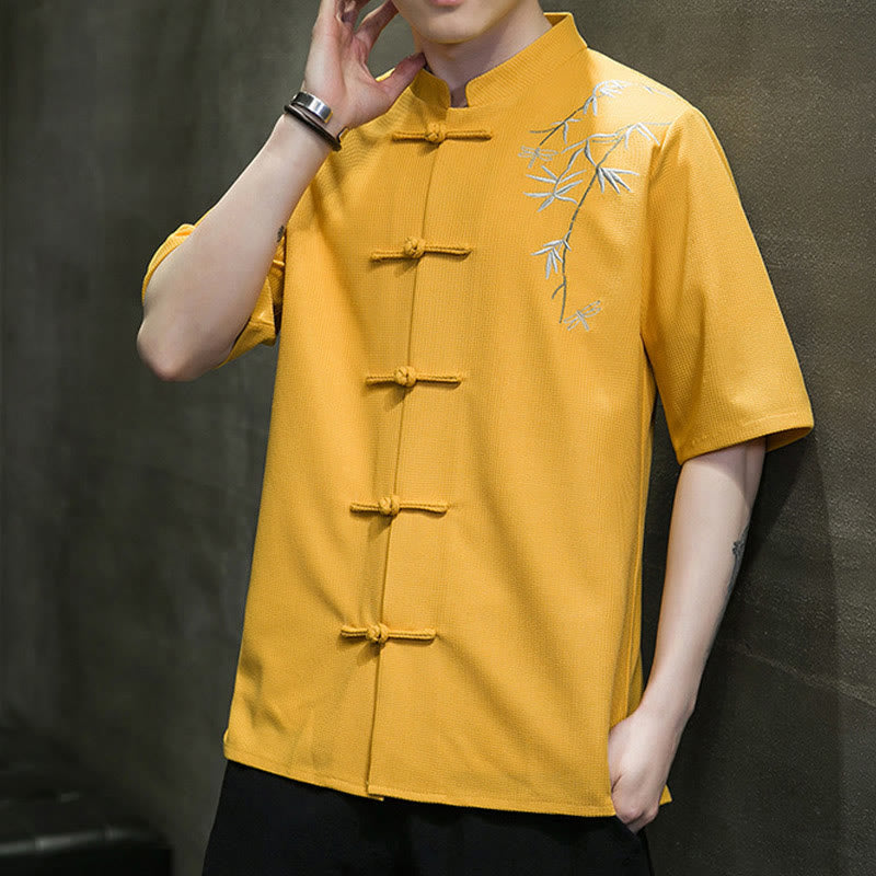 Nimara Ritual Frog-Button Leaf Dragonfly Embroidery Men's Short Sleeve Shirt